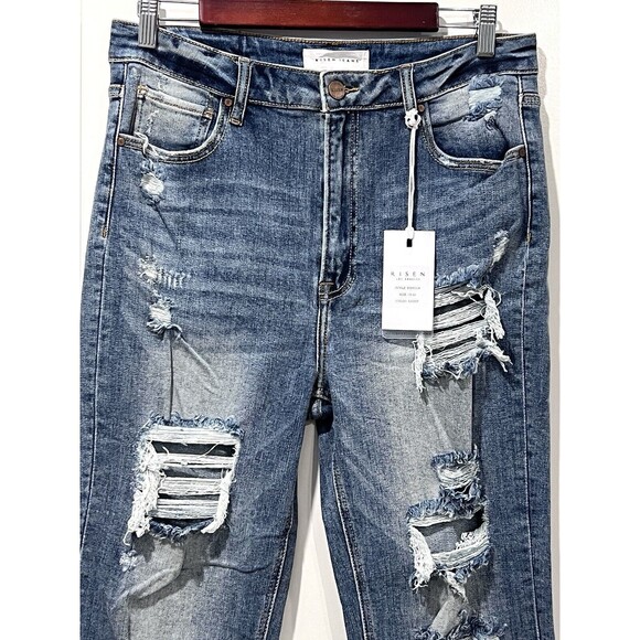 Risen Jeans Womens 15/32 Blue High Rise Straight Crop Distressed Stretch Denim - Picture 3 of 13